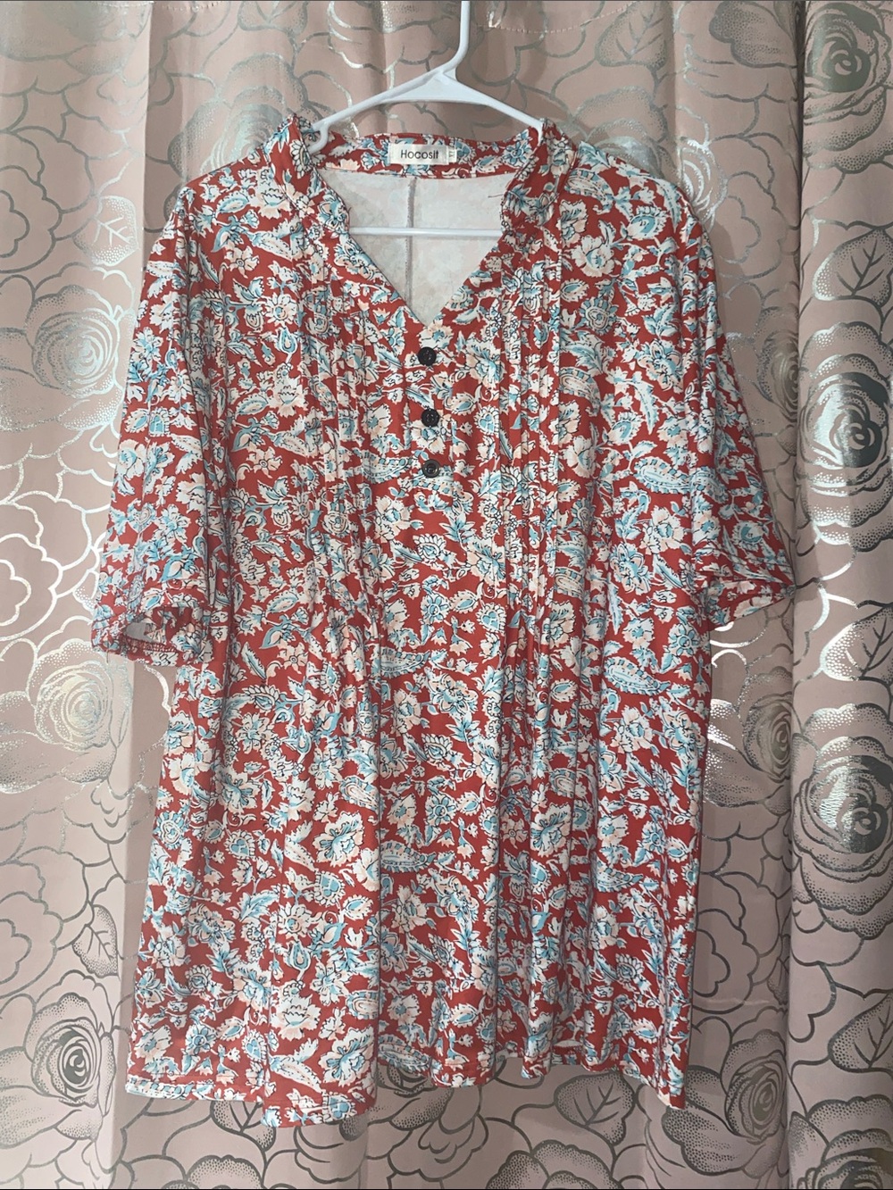Hocosit Floral Pintuck Tunic Blouse Short Sleeve Brick Red Boho Top XL